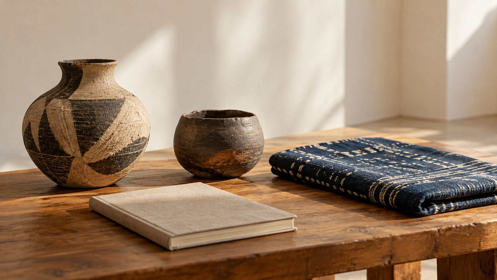Two plain ceramic vessels, folded indigo cloth and a closed notebook on an imagined gallery table