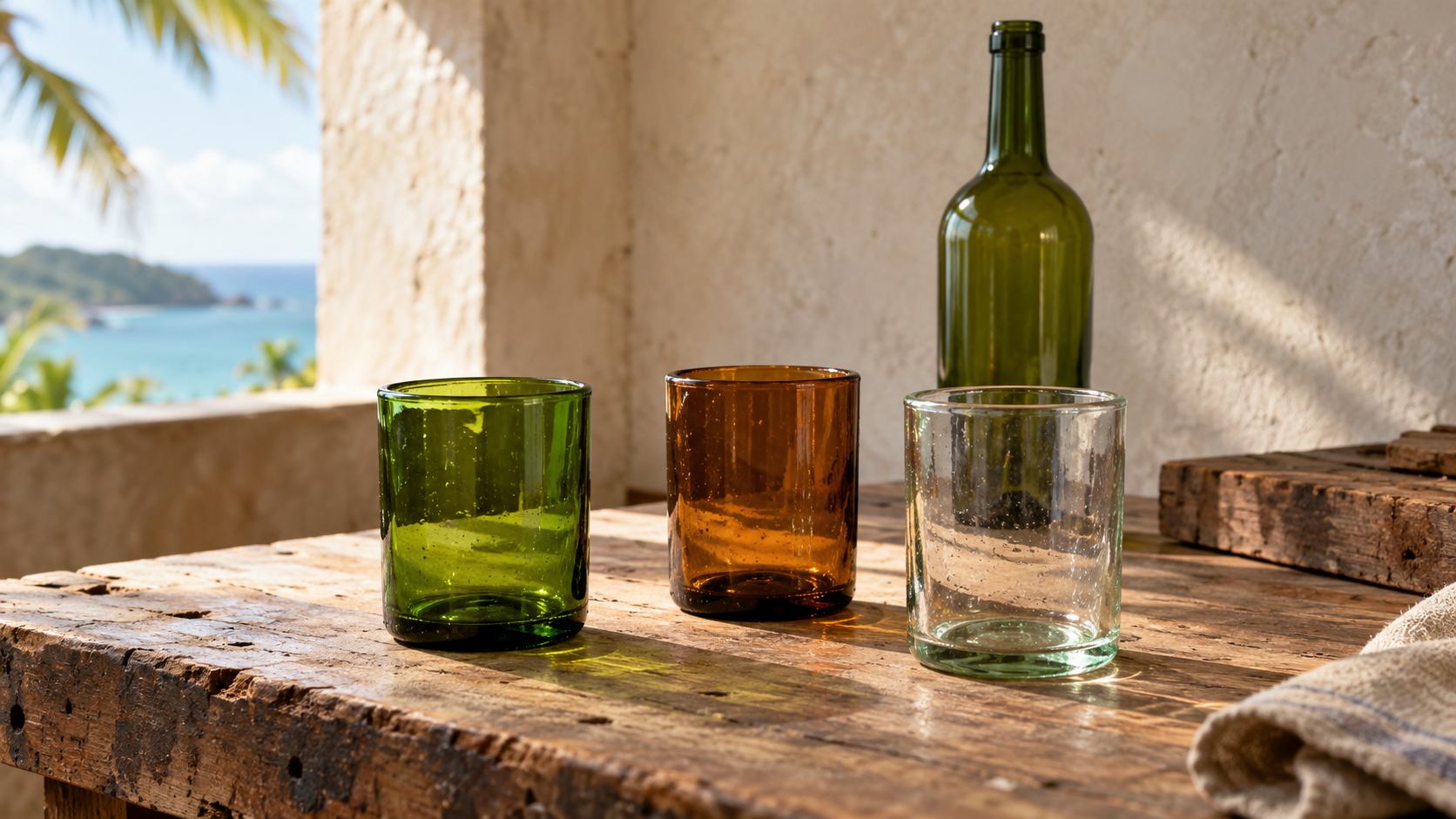 Green, amber and clear glass tumblers beside an empty bottle on an imagined artisan workbench